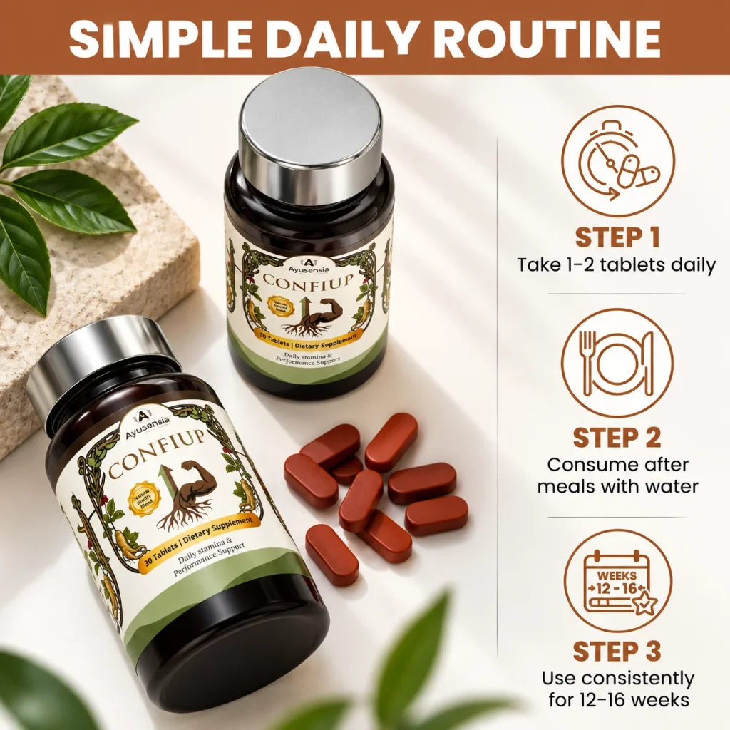 Ayusensia Confiup tablets with two supplement bottles and a daily routine guide showing dosage, taking tablets after meals with water, and consistent use for 12–16 weeks.