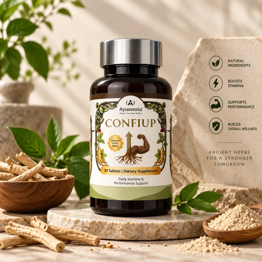 Ayusensia Confiup dietary supplement bottle displayed with traditional herbs, natural ingredients, and wellness imagery, highlighting stamina, performance, and overall wellness support.