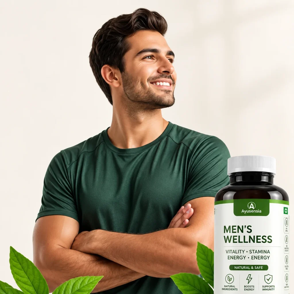 Ayusensia Men’s Wellness supplement bottle displayed beside a smiling man in a green shirt, promoting natural ingredients, vitality, stamina, energy, and immunity support.