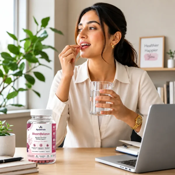 Woman taking Ayusensia BloomBalance tablets with water at home while working on a laptop, with the supplement bottle placed on the desk.