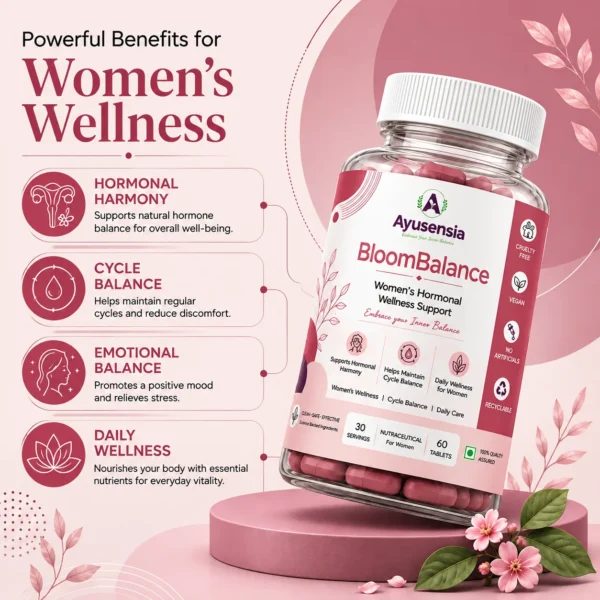 Ayusensia BloomBalance women’s wellness supplement featuring benefits for hormonal harmony, cycle balance, emotional balance, and daily wellness.