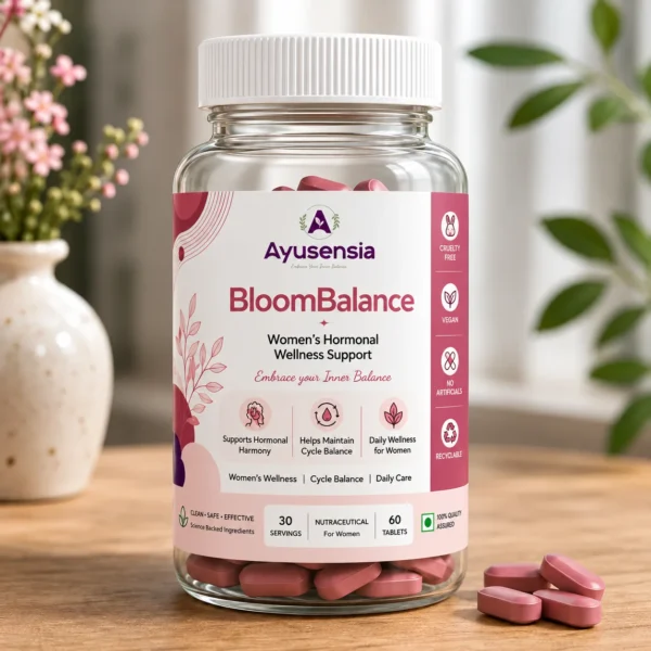 Ayusensia BloomBalance women’s hormonal wellness supplement bottle with pink tablets, supporting hormonal harmony, cycle balance, and daily women’s wellness.