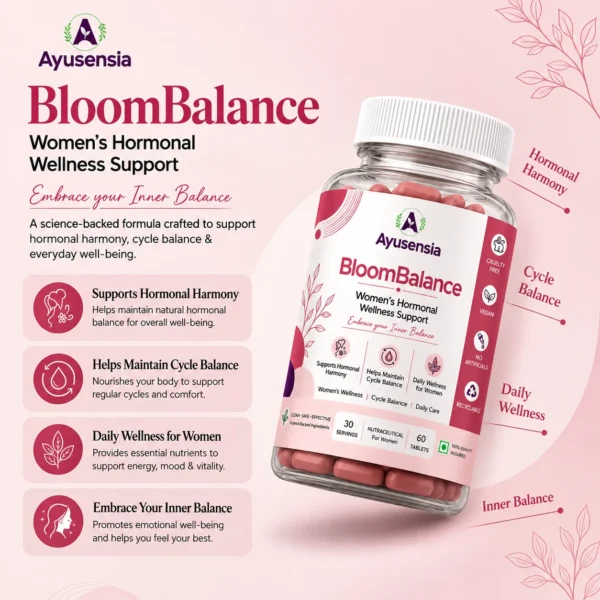 Ayusensia BloomBalance women’s hormonal wellness supplement featuring support for hormonal harmony, cycle balance, daily wellness, and emotional well-being.