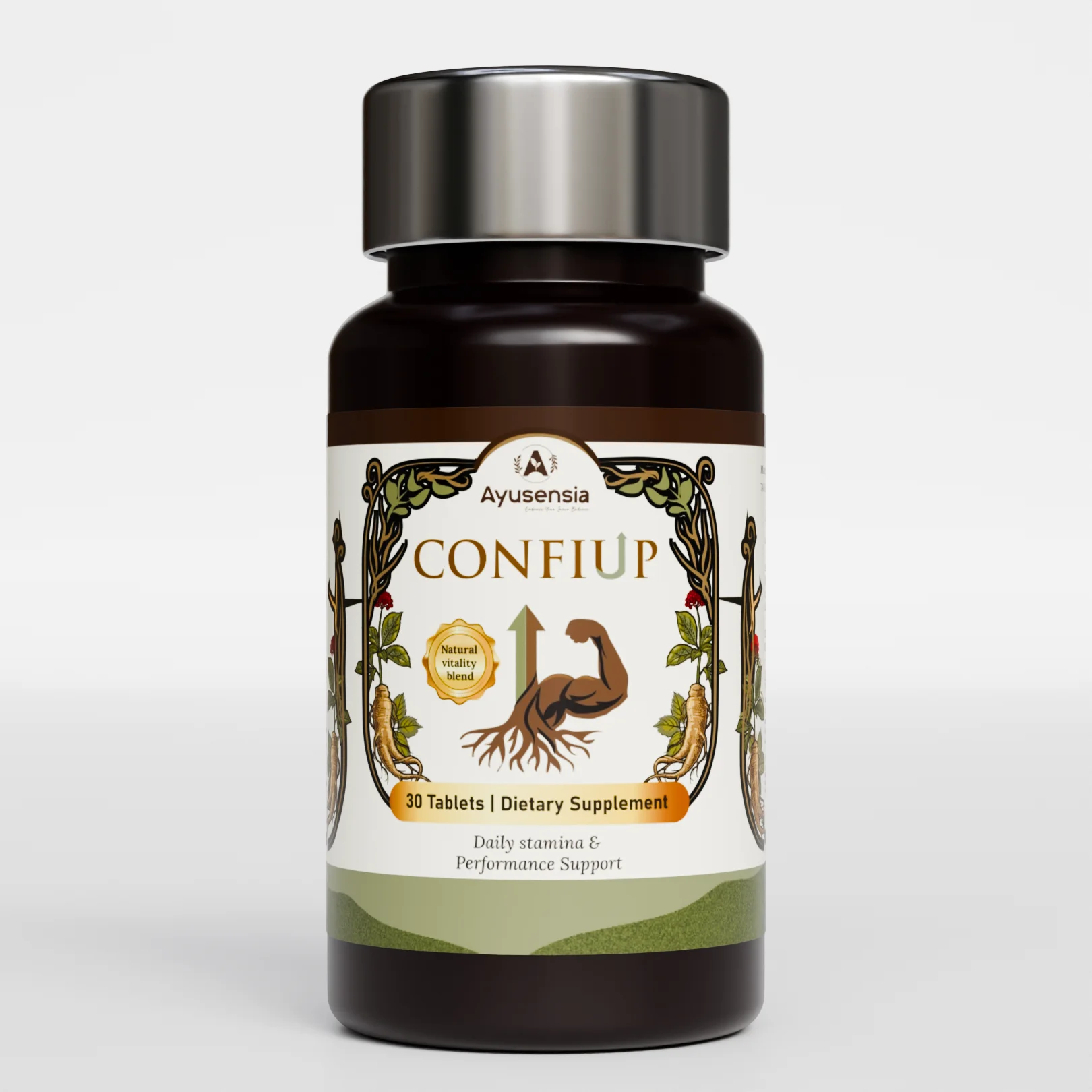 Ayusensia CONFIUP Daily Stamina & Performance Support Dietary Supplement Ayusensia CONFIUP dietary supplement bottle for daily stamina and performance support with 30 tablets