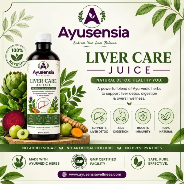 Ayusensia Liver Care Juice bottle with Ayurvedic herbs and natural ingredients for daily wellness support.