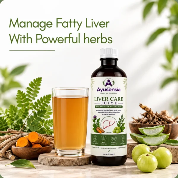 Ayusensia Liver Care Juice bottle and a glass of juice displayed with Ayurvedic herbs, aloe vera and amla.