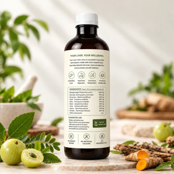 Back view of Ayusensia Liver Care Juice bottle showing Ayurvedic ingredients, suggested use, and natural product benefits.