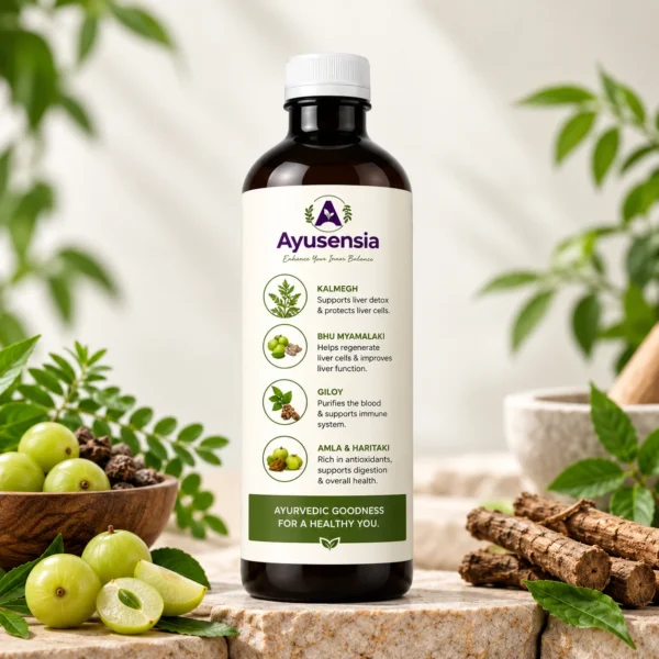 Ayusensia Liver Care Juice bottle highlighting Ayurvedic ingredients including Kalmegh, Bhu Myamalaki, Giloy, Amla, and Haritaki.