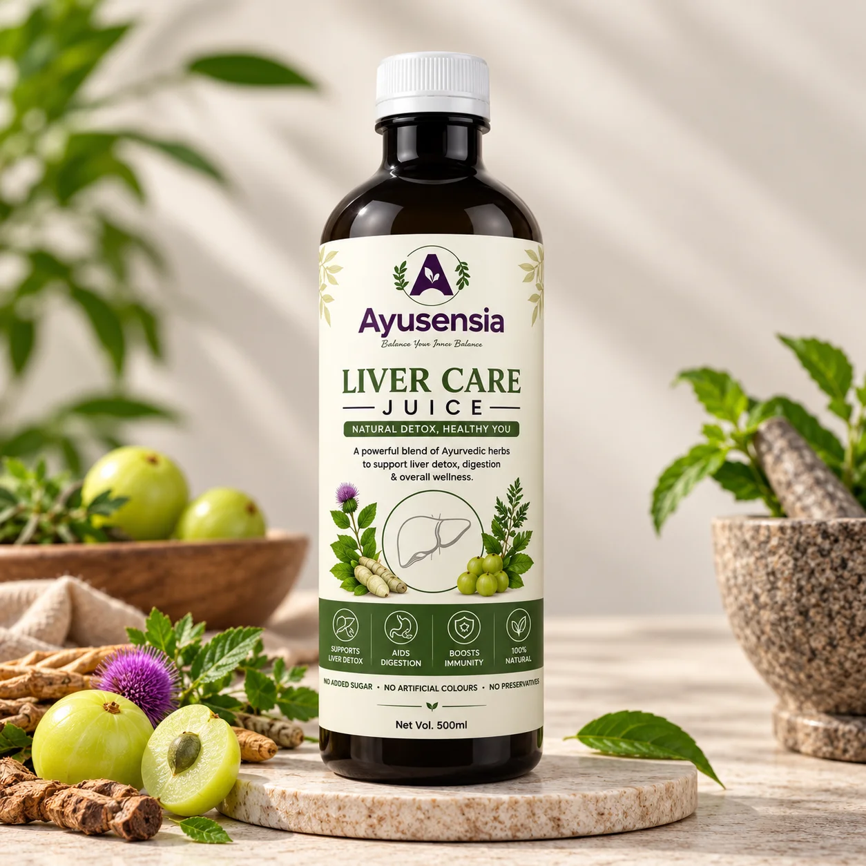 Ayusensia Liver Care Juice bottle surrounded by Ayurvedic herbs, amla and natural ingredients.