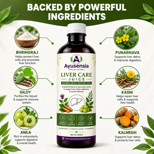 Ayusensia Liver Care Juice bottle featuring Bhringraj, Punarnava, Giloy, Kasni, Amla and Kalmegh ingredients.