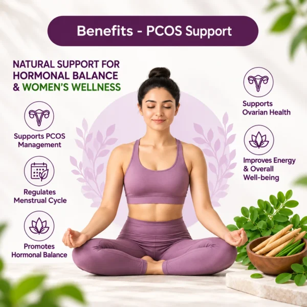Ayusensia Women Shakti PCOS support benefits graphic featuring a woman practicing yoga with benefits including hormonal balance, menstrual cycle regulation, ovarian health, and overall well-being.