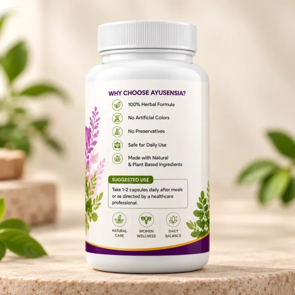 Back view of Ayusensia Women Shakti capsules bottle highlighting its herbal formula, natural plant-based ingredients, and daily wellness benefits.
