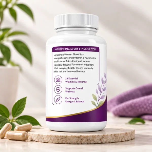 Ayusensia Women Shakti multivitamin capsules back label with essential vitamins and minerals for women