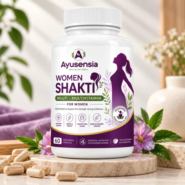 Ayusensia Women Shakti multivitamin bottle with capsules, formulated to support women's energy, immunity, skin, hair, bones, and overall wellness.