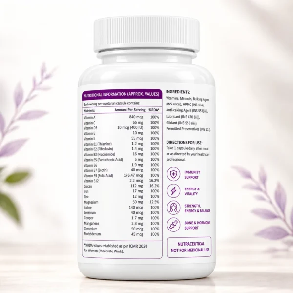 Ayusensia Women Shakti bottle showing nutritional information, vitamins, minerals, ingredients and directions for use