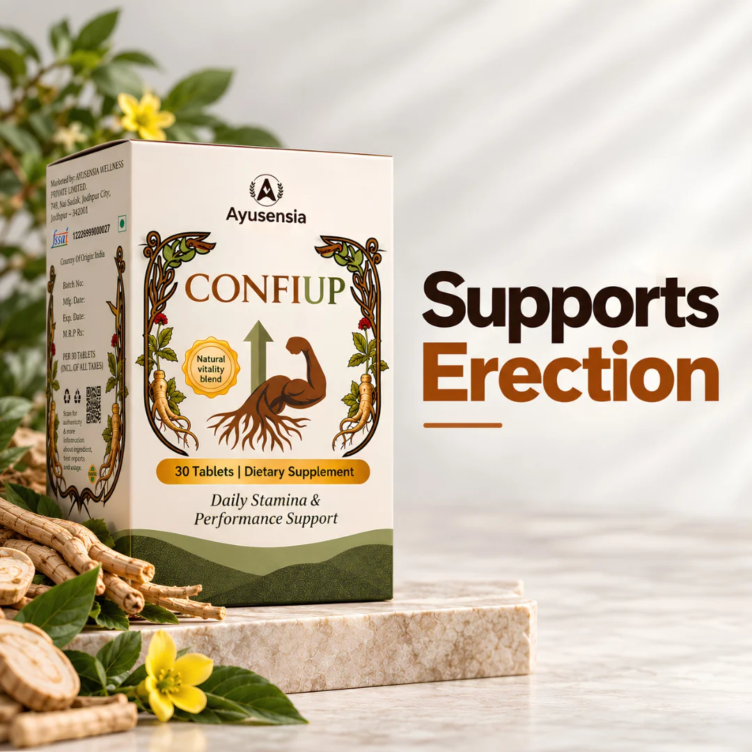 Front view of Ayusensia Confiup box showcasing a natural stamina booster for men that supports daily stamina and performance.