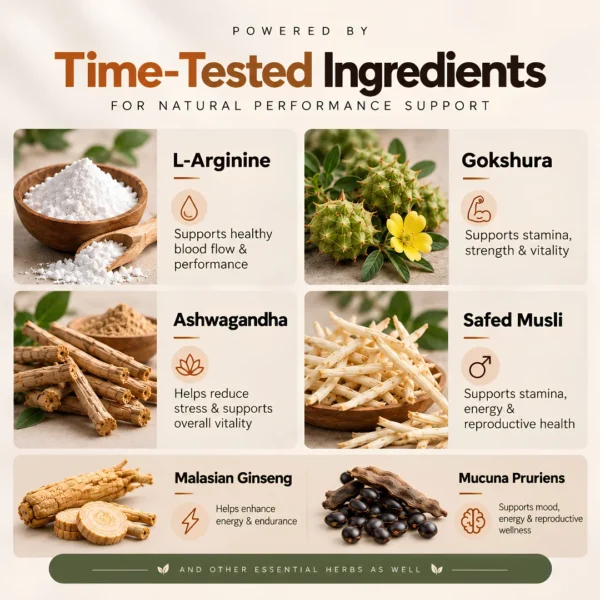 Detailed list of time tested ingredients in Confiup including Ashwagandha Gokshura and Safed Musli for natural male performance support.