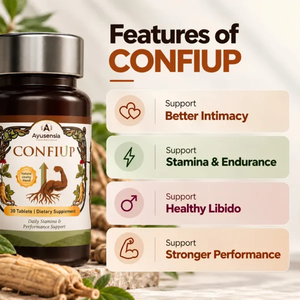 Ayusensia Confiup bottle highlighting key features like better intimacy healthy libido and stronger male performance support.