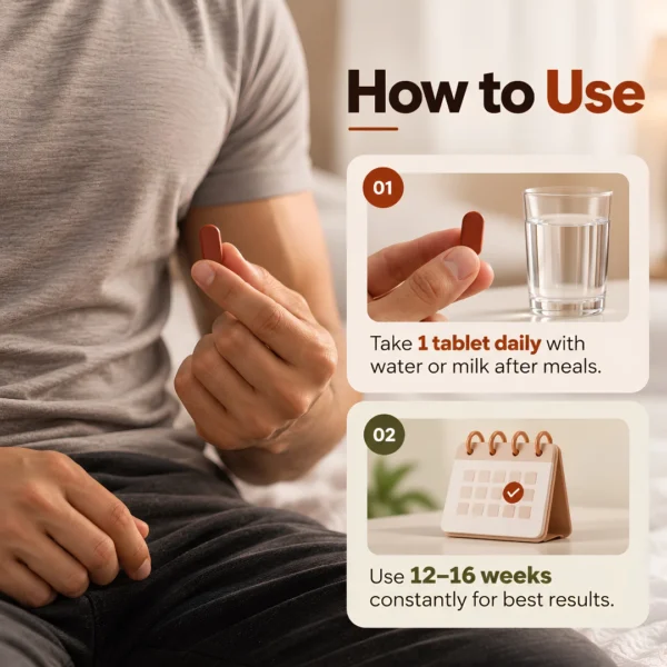 Step by step guide showing a man holding a tablet with instructions to take one Confiup tablet daily with water or milk for twelve to sixteen weeks.