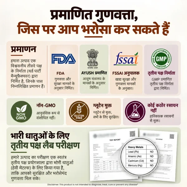 Quality certifications trusted for Navadhara including Ayush FSSAI GMP and heavy metal testing ensuring a safe and authentic Ayurvedic detox powder experience.
