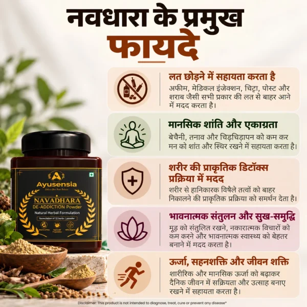 Infographic showing the main benefits of Navadhara Ayurvedic detox powder including mental peace body detoxification emotional balance and natural energy support.