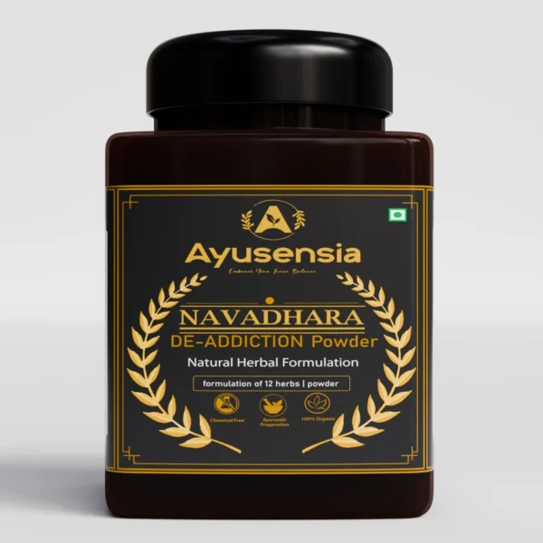 Navadhara De-Addiction Powder jar and product box with black and gold packaging