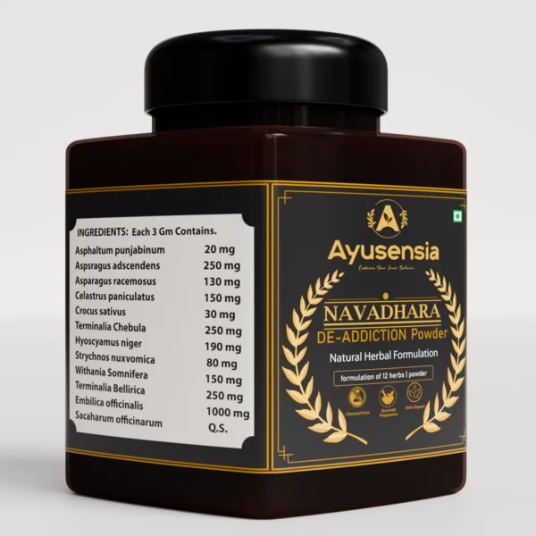 Close-up of Navadhara De-Addiction Powder jar with black and gold packaging