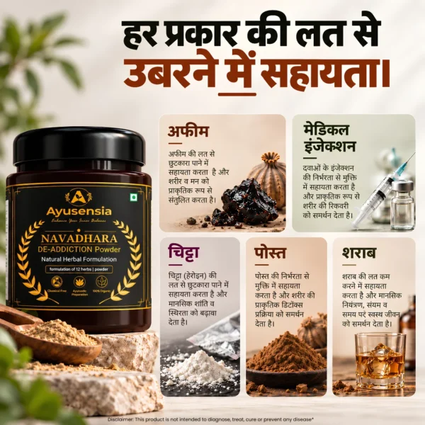 Detailed breakdown of how the Navadhara Ayurvedic herbal blend helps detoxify the body and provides natural habit management support for a healthier balanced lifestyle.