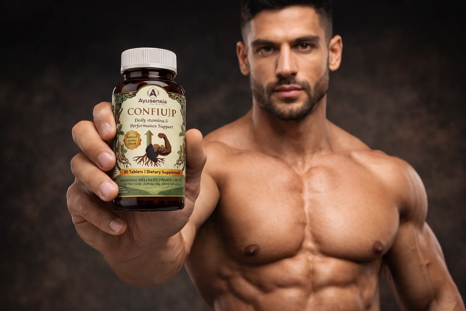 Man holding Ayusensia CONFIUJP daily stamina and performance support dietary supplement bottle