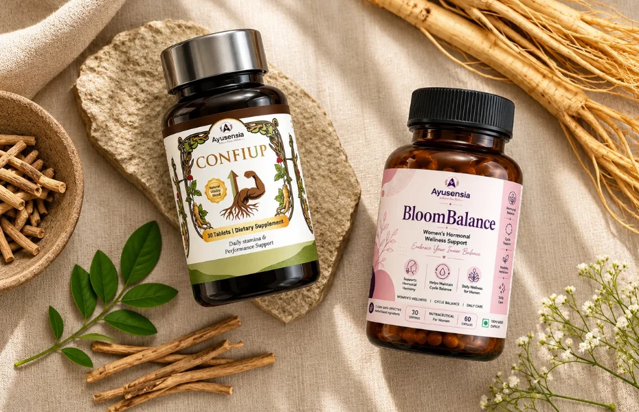 Top-down product photograph of Ayusensia Confiup and BloomBalance supplement bottles arranged on natural beige fabric with herbal roots, cinnamon sticks, green leaves, and small white flowers. The Confiup label describes daily stamina and performance support, while BloomBalance is labeled as women’s hormonal wellness support.