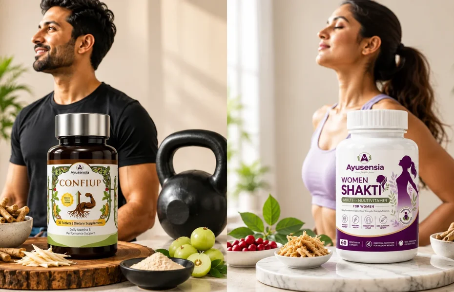 Split-screen wellness scene featuring a man with Ayusensia Confiup and a woman with Ayusensia Women Shakti supplements. The products are displayed prominently alongside herbal ingredients, fruit, and fitness-related elements in bright, natural indoor settings.