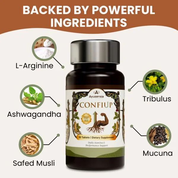 Ayusensia ConfiUp men's wellness supplement with Ashwagandha, L-Arginine, Tribulus and Safed Musli