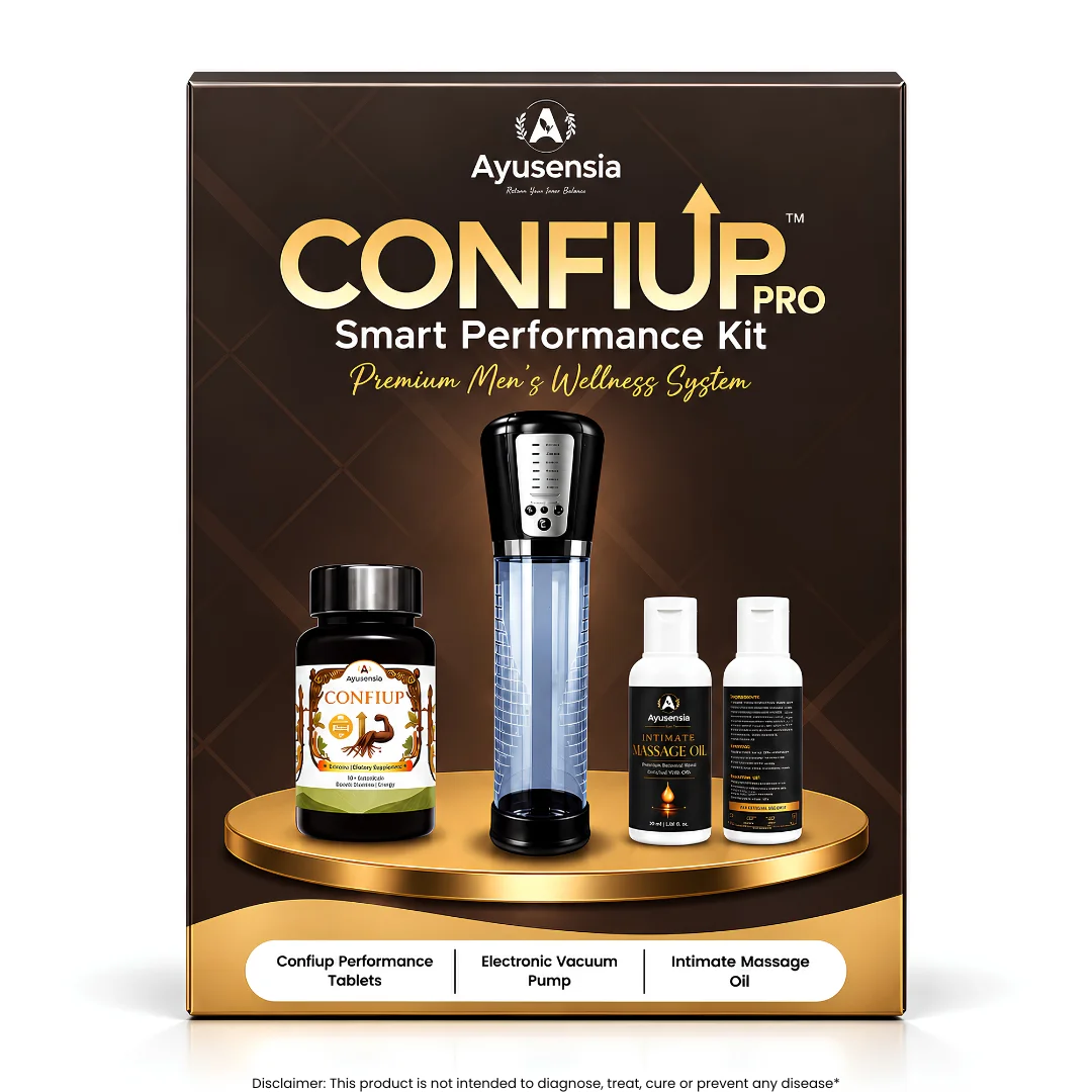 Front view of Ayusensia Confiup box showcasing a natural stamina booster for men that supports daily stamina and performance.