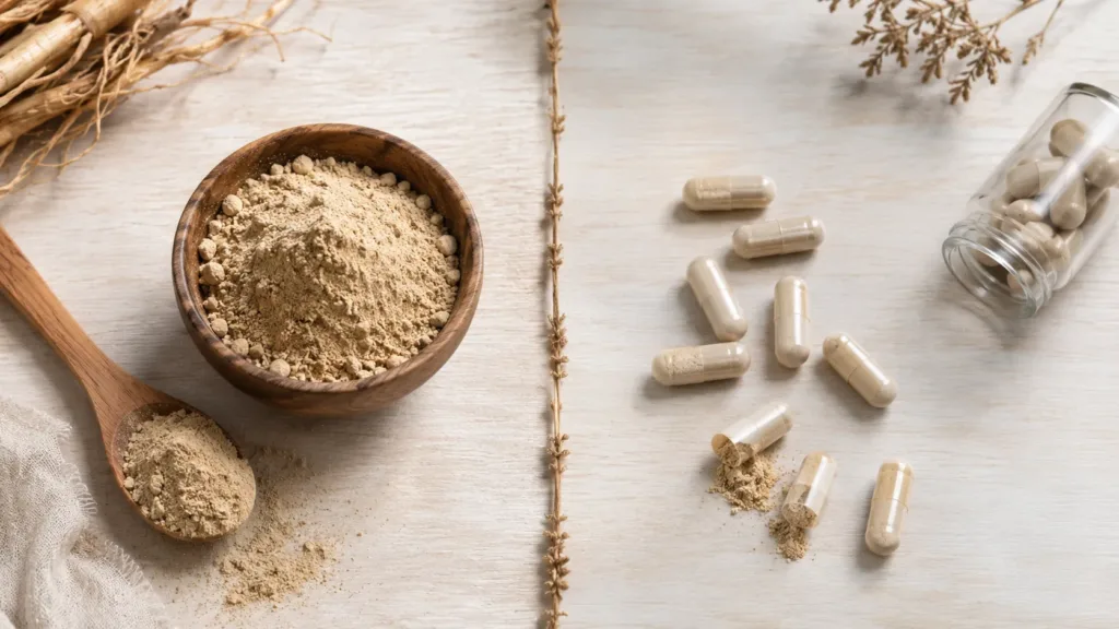 Shatavari powder in a wooden bowl compared with herbal capsules on a rustic background in a flat lay composition.