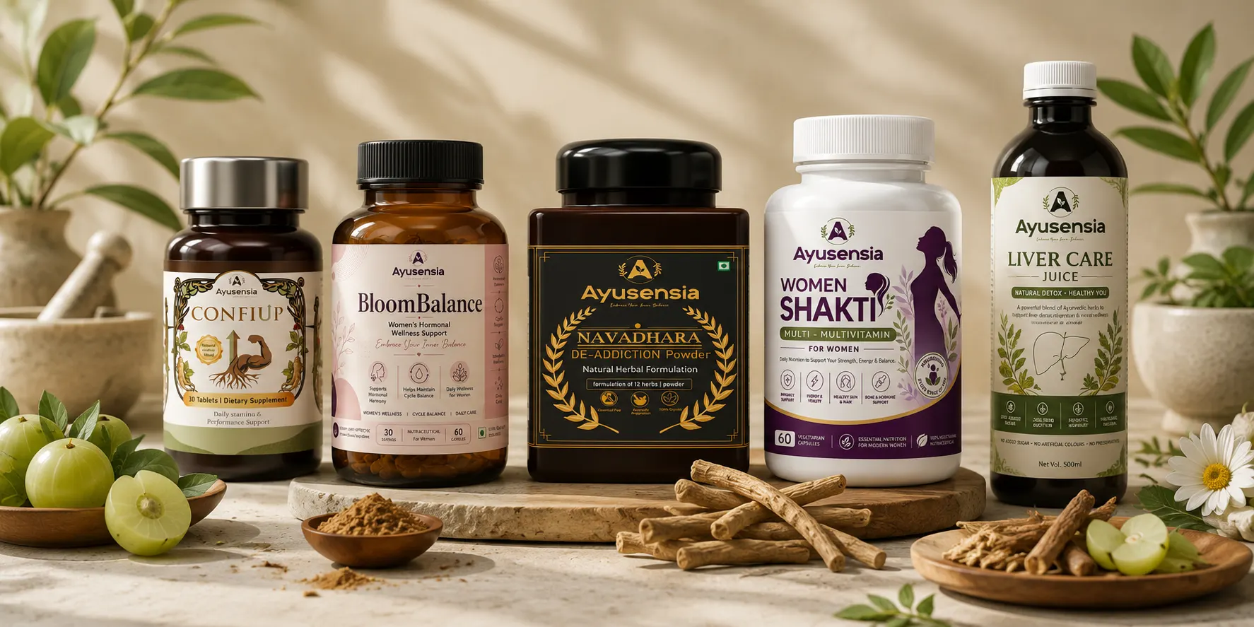 Ayusensia Ayurvedic wellness supplements with herbal ingredients representing trusted, transparent, and quality Ayurvedic products.