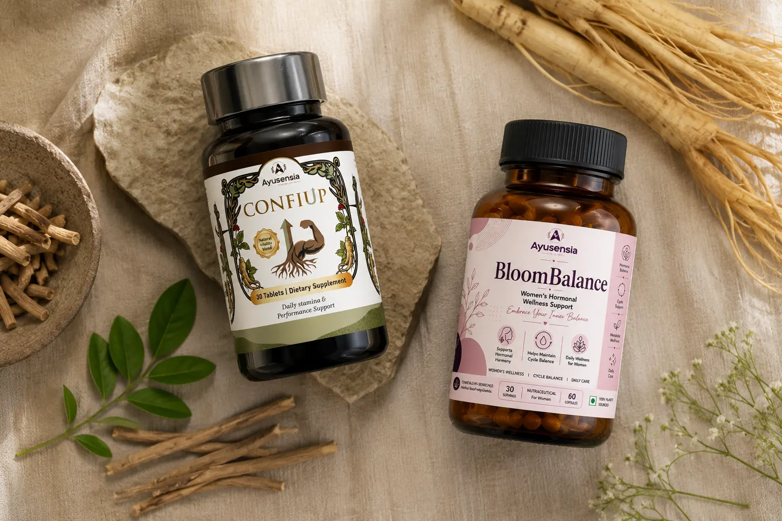 Ayusensia Ayurvedic wellness brand supplements ConfiUp and BloomBalance with natural herbs