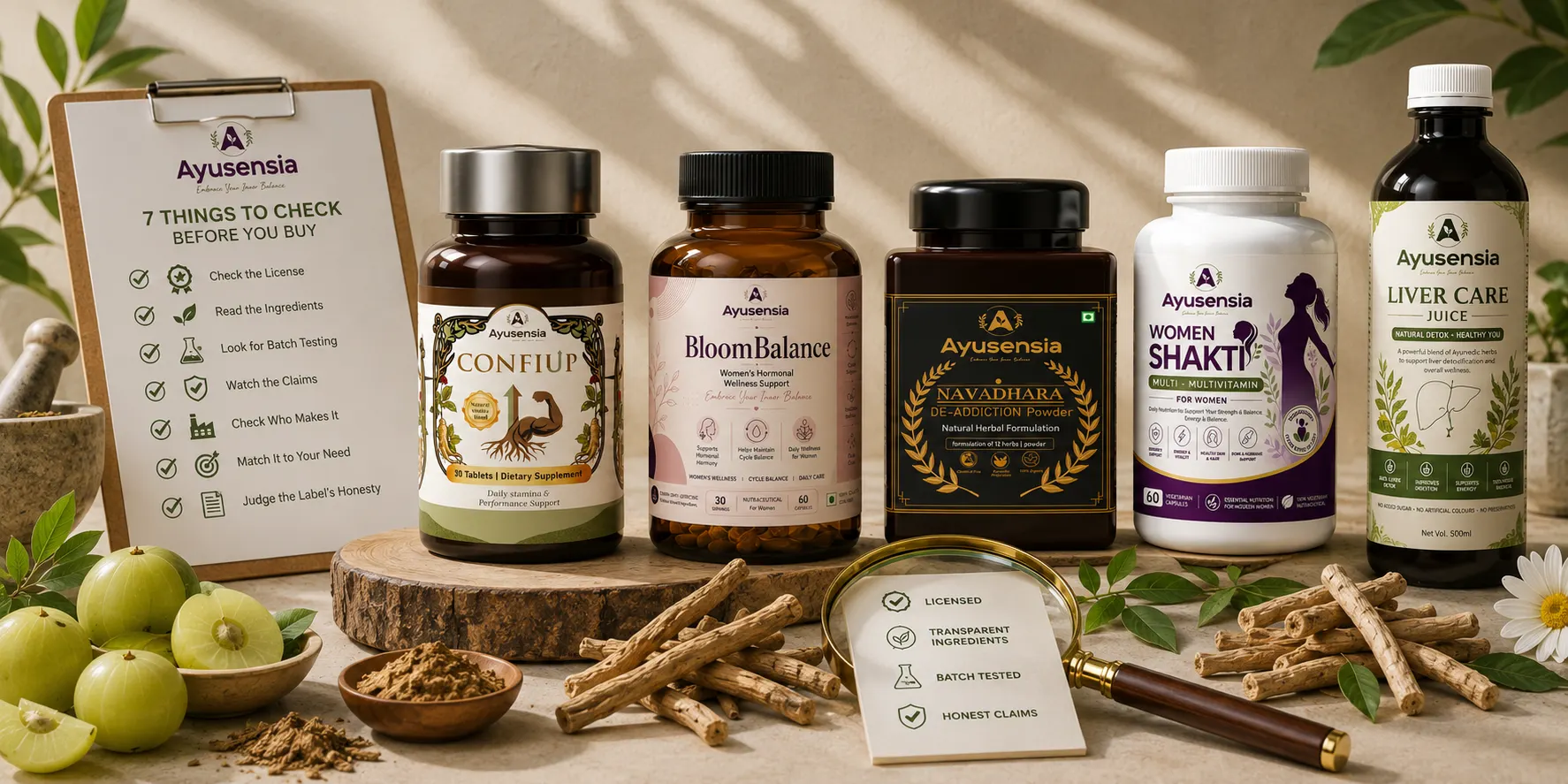 Ayusensia Ayurvedic supplements displayed with natural herbs for a guide on choosing trusted Ayurvedic supplements.