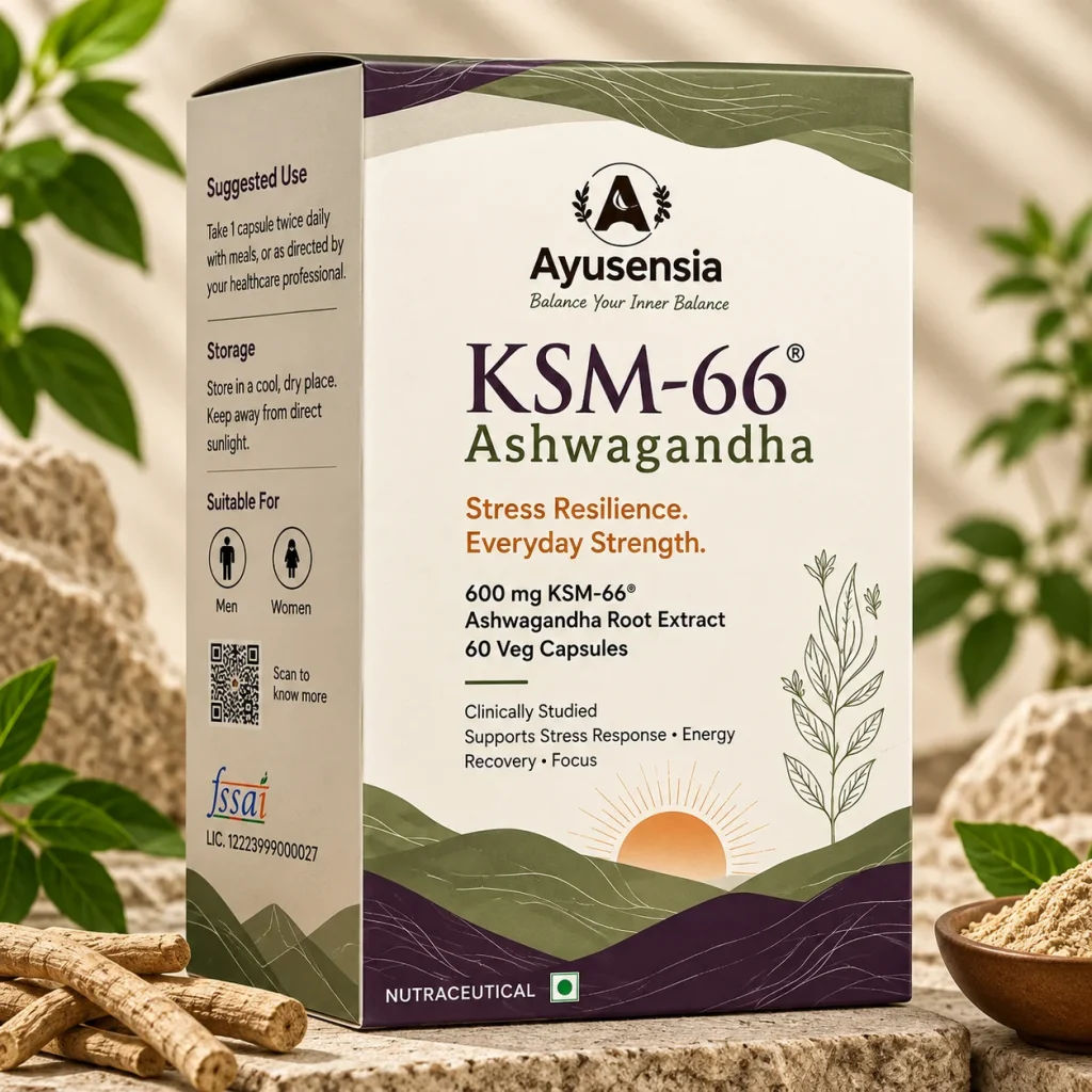 Ayusensia KSM-66 Ashwagandha 600 mg root extract with 60 veg capsules, featuring stress resilience, energy recovery, focus, and everyday strength support.
