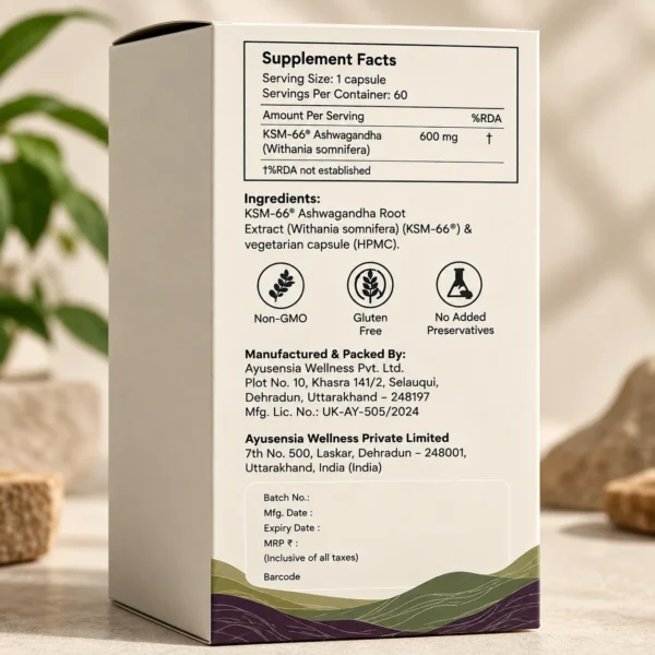 Supplement facts on the Ayusensia KSM-66 Ashwagandha capsules box listing 600mg root extract per capsule