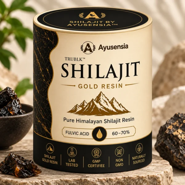 Ayusensia TRUBLK Shilajit Gold Resin featuring pure Himalayan Shilajit resin with 60–70% fulvic acid, lab tested, GMP certified, non-GMO, and naturally sourced.