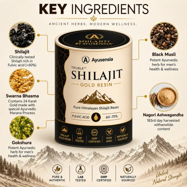 Ayusensia Shilajit Gold Resin With Key Ingredients Including Shilajit, Black Musli, Swarna Bhasma, Gokshura, And Nagori Ashwagandha.