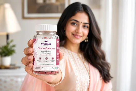 Woman holding an Ayusensia BloomBalance women’s wellness supplement bottle in a bright, comfortable home setting.