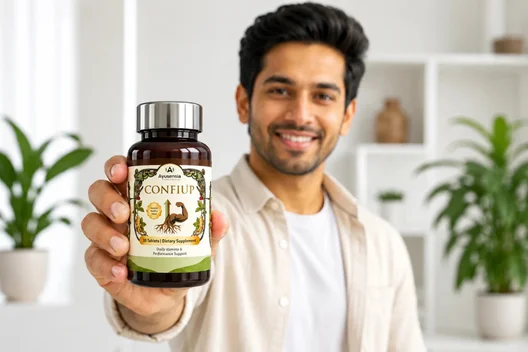 Man holding an Ayusensia ConfiUp dietary supplement bottle toward the camera in a bright, modern home setting.