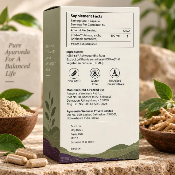 Supplement facts on the Ayusensia KSM-66 Ashwagandha capsules box listing 600mg root extract per capsule