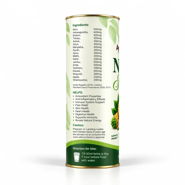 Noni juice can showing ingredients, listed health benefits, caution information and directions for use