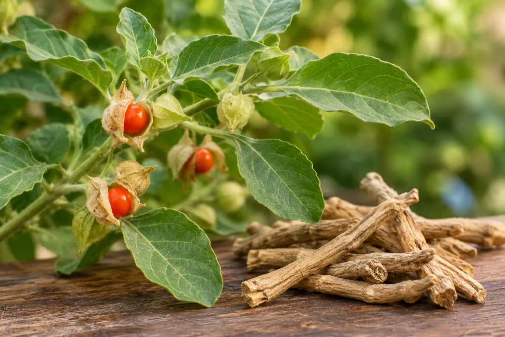 Ashwagandha plant (Withania somnifera) with orange-red berries and dried roots