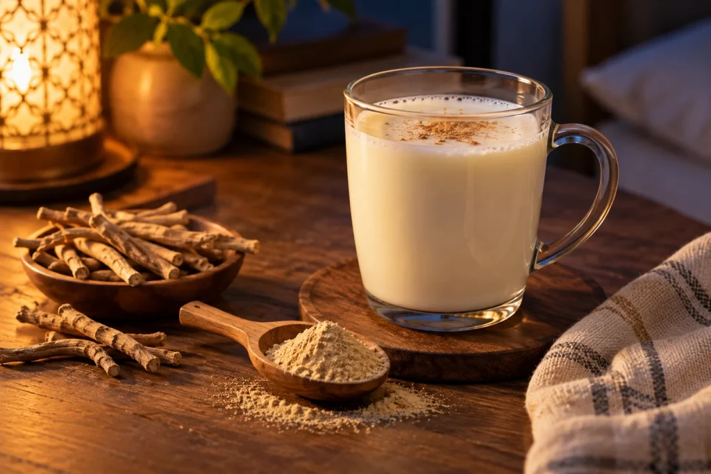 Warm milk with ashwagandha powder, the traditional way to take it at night
