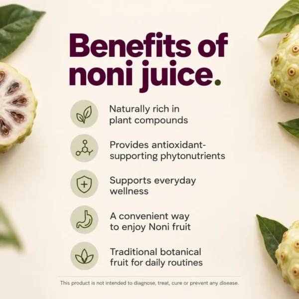 Infographic with whole and halved noni fruits on a cream background