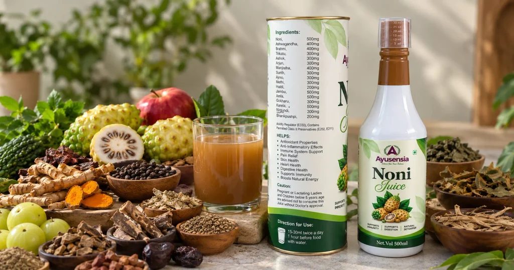 Ayusensia Noni Juice ingredients panel