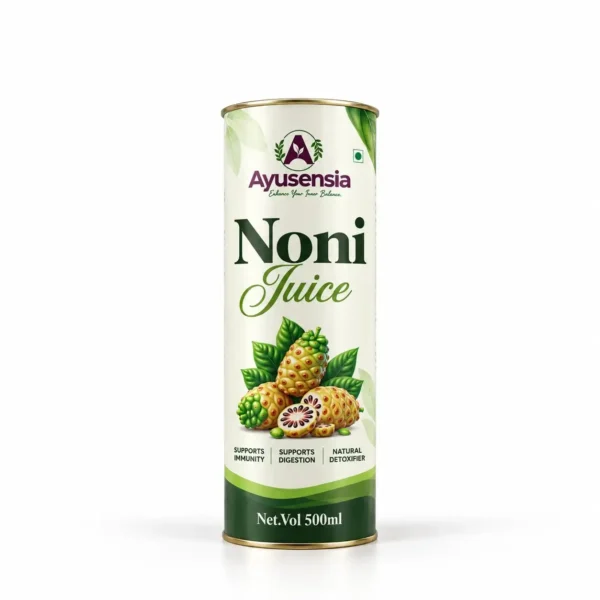 Front of the Ayusensia Noni Juice 500ml tin with noni fruit and leaf artwork